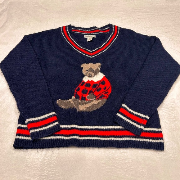 cupcakes & cashmere Sweaters - Navy V-Neck Women’s Sweater with Bear Design Size Small